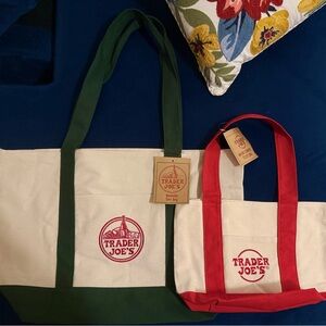 NWT Trader Joe's Canvas Tote Bag Set - Christmas Green and Jolly Red